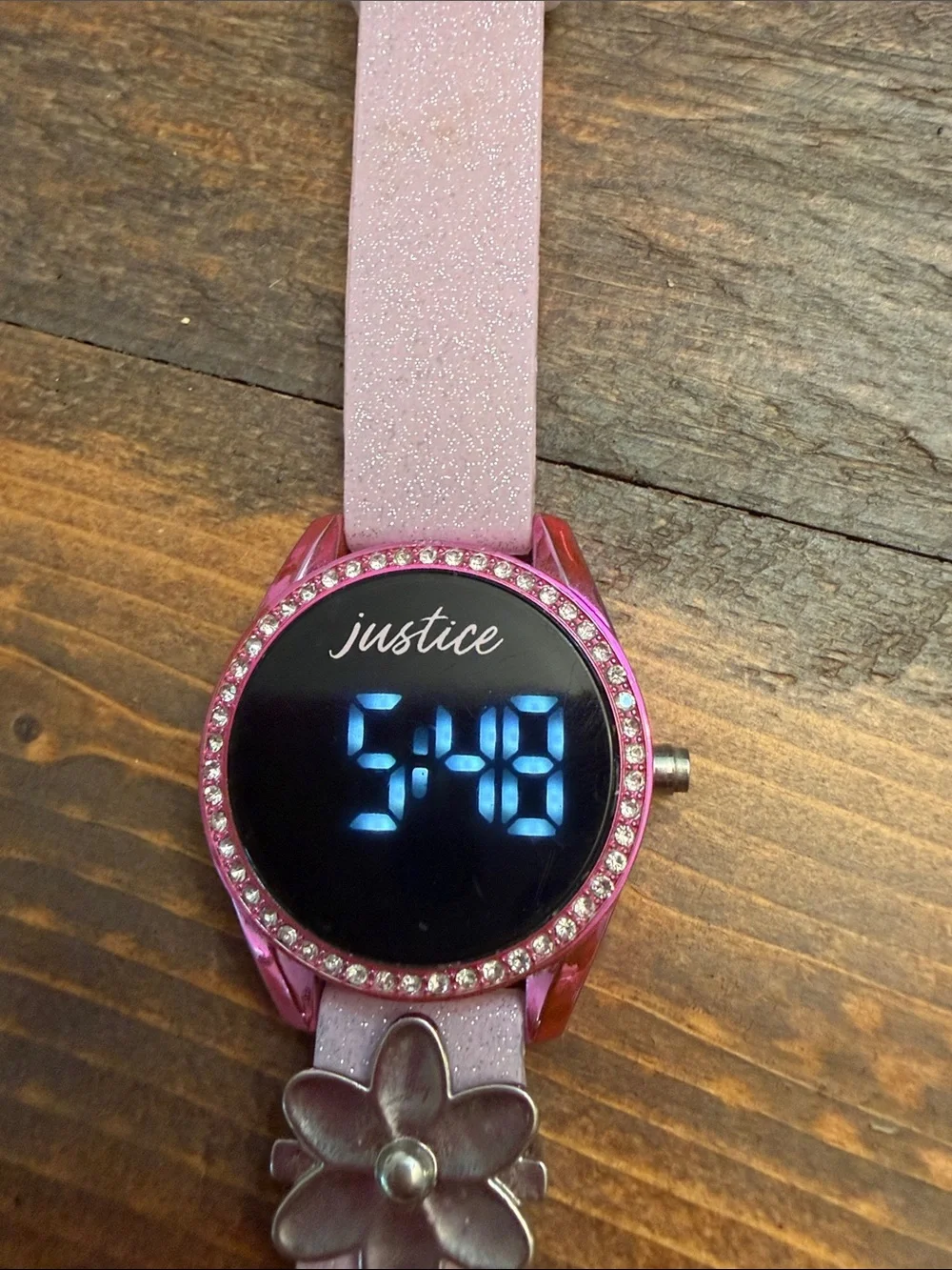 Justice Unisex Pink Band and Charms LED Watch Pink Glitter GUC Working digital